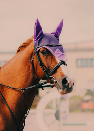 Portrait of a beautiful sorrel horse with a rider on its back during a sporting event. The horse is...