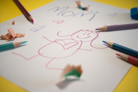 child's drawing for mom on yellow backgroundの写真素材