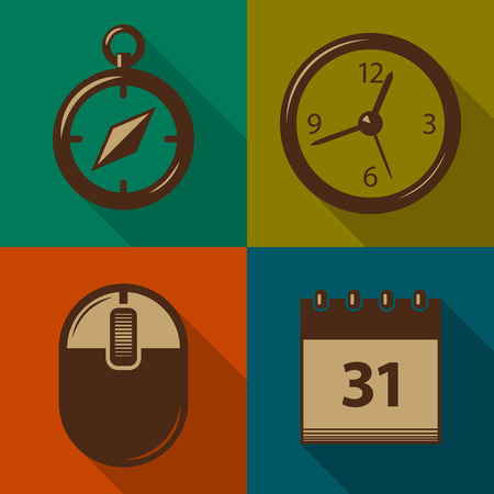 Set of vector flat icons in retro style. Compass, Clock, Mouse, Calendarのイラスト素材