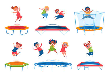 Kids jumping on trampoline. Happy boys, girls bouncing and having fun. Energetic children jump together. Group outdoor activity cartoon vector set. Characters having leisure time and entertainmentのイラスト素材