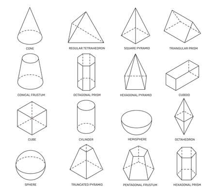 Line isometric shapes. Simple geometric forms for school learning and design. Cylinder, prism and pyramid, cone and sphere 3d vector math set. Scheme isolated forms for math educationのイラスト素材
