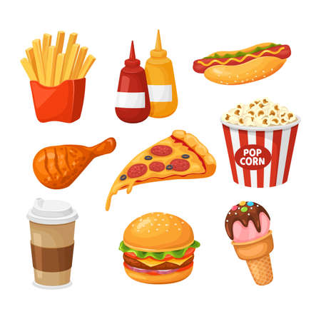 Fast food. Cartoon french fries, ketchup and hot dog, chicken and pizza, coffee and burger, popcorn and ice cream. Takeaway junk food vector set. Hot drink, bottles of sauce and tasty mealのイラスト素材