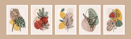 Minimal boho poster. Modern botanical wall art decor with nature elements, tropical leaves, fruits,...