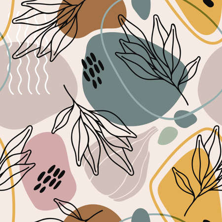 Contemporary boho seamless pattern. Abstract organic shapes, tropical leaves, fruit elements....