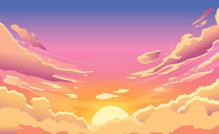 Sunset sky. Cartoon summer sunrise with pink clouds and sunshine, evening cloudy heaven panorama. Morning vector landscape. Beautiful cloudscape with fluffy cumulus, colorful twilightのイラスト素材