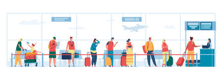 Airport check in desk queue. People with luggage waiting in line at registration desk, passport control, departure terminal Vector illustration. Male and female characters with kidsのイラスト素材