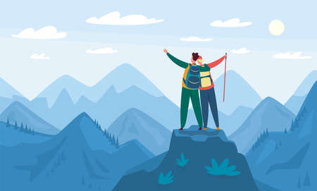 Mountain hiking. Tourists standing on top of hill. Hiking and climbing activity, outdoor recreation. Landscape with mountains vector illustration. Happy couple feeling freedom, explorationのイラスト素材