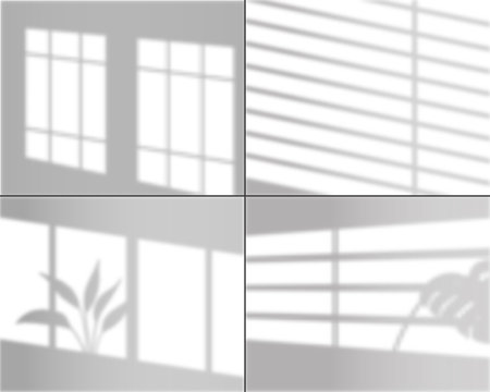 Window shadows. Realistic light overlay wall shade with tropical monstera plants grey shows effect interior elements vector set. Natural sunlight from jalousie. Empty wall with reflectionのイラスト素材