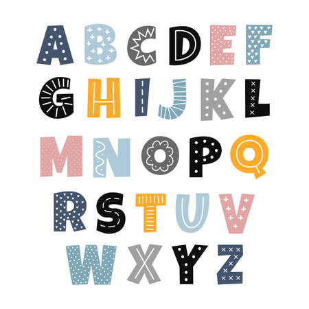 Scandinavian style alphabet for kids. Cute colorful letters with abstract hand drawn decor. Vector childish cartoon font for kindergarten, nursery. Learning colorful letters with ornamentのイラスト素材