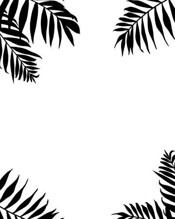 Palm leaves frame. Tropic plants branches silhouettes black borders. Isolated vector banner, background wedding invitation template. Tree jungle foliage, exotic hawaiian, tropical elementsのイラスト素材