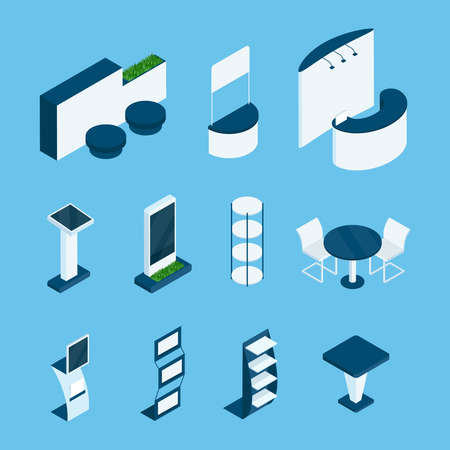 Isometric exhibition stands. Empty expo booth, display kiosk and table, stall for demo product showroom 3d vector interior elements. Trade zone with screens, shelves, advertising constructionのイラスト素材