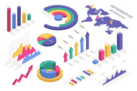 Isometric charts. Circle diagram, world map, pie and donut chart, graphic. 3d data analysis infographic elements for presentation vector set. Report datum with number statistics, analysisのイラスト素材
