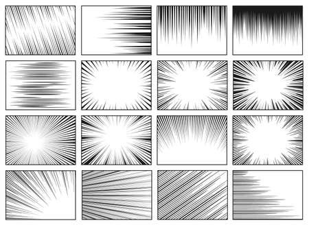 Speed lines backgrounds. Fast speed motion horizontal line manga effect, retro radial sun rays background. Comic magazine vector layouts. Dynamic movement for superhero fight, burstのイラスト素材