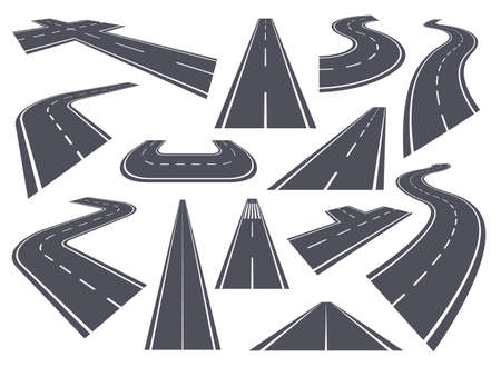 Curved roads. Perspective highway, bending or winding road, straight and curve pathway. Asphalt city streets with white markings vector set. Speed path for driving or transportationのイラスト素材