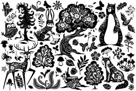 Scandinavian forest elements. Nordic scandi style deer, hare and bear, owl and fox, bird and oak tree, mushroom and leaves, fern vector set. Plants and animals with ornament, flora and faunaのイラスト素材