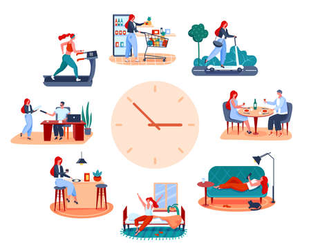 Woman routine. Eating breakfast, going to work, working out, having romantic dinner. Young girl daily activities vector illustration. Time schedule, female character lifestyle, daily lifeのイラスト素材