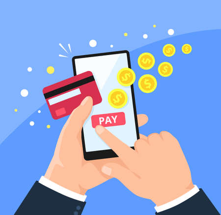 Phone payment. Paying online in shopping app checkout page. Holding smartphone with credit card. Mobile banking, money transaction vector concept. Digital commerce, making transactionのイラスト素材
