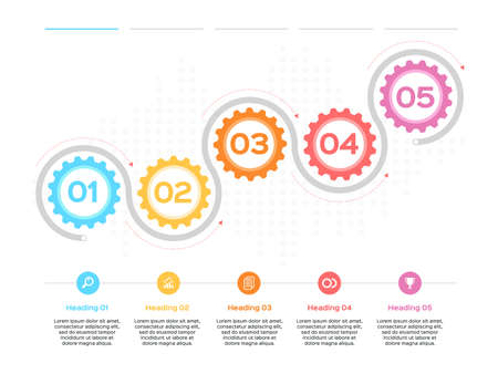Gear infographic. Production progress, development process business infographic with gear diagrams. 5 step timeline vector template. Cog wheel connection for company presentation organizationのイラスト素材