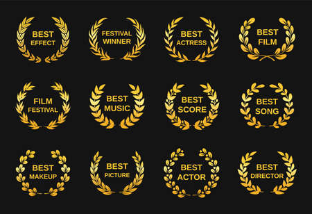 Movie award. Golden film awards, best director winner rewards. Cinema festival nomination emblems, gold laurel wreath winners   vector set. Best song, score, music and actor or actressのイラスト素材