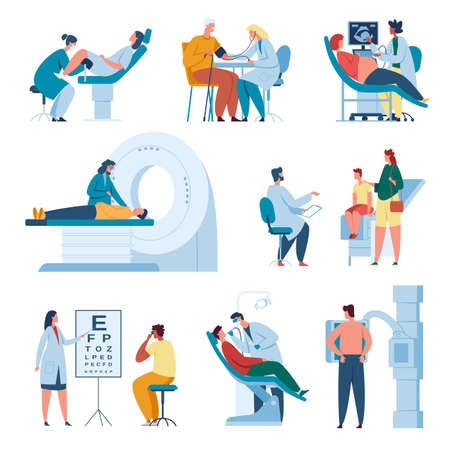 Doctors and patients. Doctor consulting patient at clinic. Professional medical staff at work. Patient examination or treatment vector set. Checking eye vision, doing x-ray, dentist examining teethのイラスト素材