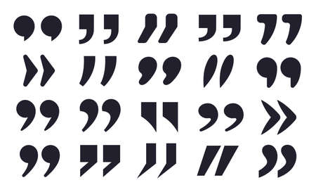Quote icon. Quotations marks symbols, double comma punctuation text signs. Quote mark black silhouette icon, citation symbol vector set. Remark or message typographic shapes isolated on whiteのイラスト素材