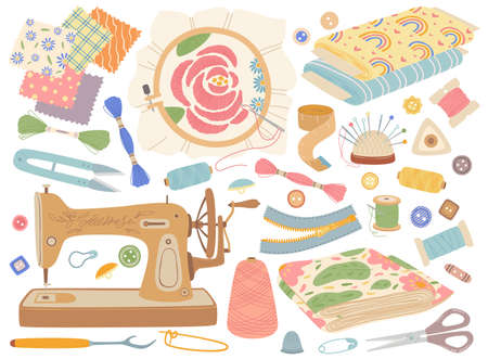 Needlework. Sewing accessories and embroidery equipment. Sewing machine, fabrics, threads, spools, buttons. Tailors handicraft tools vector set. Different tools for fashion designerのイラスト素材