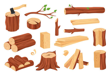 Cartoon wood log and trunk. Wooden lumber materials logs, trunks, stumps, firewood, planks, branches. Hardwood construction elements vector set. Natural plants for construction and materialのイラスト素材