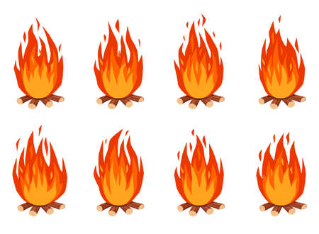 Bonfire animation. Cartoon burning campfire with firewood. Fire flames effect animated sprites frames for ui game design vector set. Bright and flare hot fireplace isolated on whiteのイラスト素材