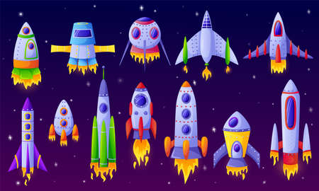 Cartoon spaceships. Futuristic rockets, spacecraft with space background. Colorful space aircraft, shuttle or vehicle toy for kids vector set. Universe exploration game futuristic objectsのイラスト素材