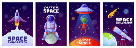 Cartoon space posters. Universe banners with astronaut, rocket, alien, ufo, planets, stars. Cartoon...