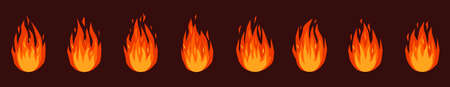 Fire animation. Burning bonfire or campfire, torch fire flames. Red, orange blazing fires effect animated sprites sheet cartoon vector set. Hot flame energy, colorful fire effect for gameのイラスト素材