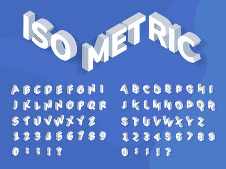 Isometric font. 3d perspective effect geometric typography. Isometrical bold alphabet letters, numbers and symbols with shadows vector set. Latin abc and punctuation marks templateのイラスト素材