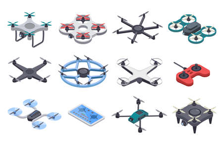 Isometric drone. Unmanned aircraft with propellers, aerial remote transporters. Flying delivery...