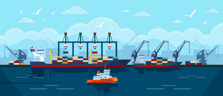Cargo ship in seaport. Industrial freight vessel with shipping containers docked at port. Sea...