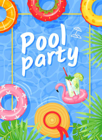 Pool party poster. Summer party flyer with swimming rings, tropical palm leaves and water background. Beach event invitation vector template. Flamingo inflatable circle with cocktailのイラスト素材
