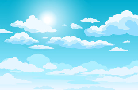 Blue sky with clouds. Anime style background with shining sun and white fluffy clouds. Sunny day sky scene cartoon vector illustration. Heavens with bright weather, summer season outdoorのイラスト素材