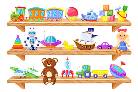 Toys on shelves. Cartoon wooden store shelf with kids toys baby doll, train, robot, teddy bear, rocket. Children plastic toy vector set. Nursery room with colorful objects for child gameのイラスト素材