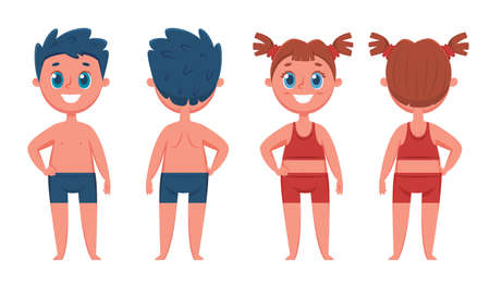 Boy and girl. Happy kids from front and back views. Cartoon children in underwear or swimsuit. Child human body template for education vector set. Elementary school or preschool learningのイラスト素材