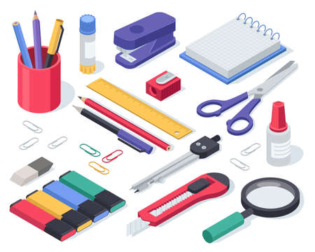 Isometric stationery. School supplies glue, notebook, material, pen, scissors, stapler, ruler, eraser. Office tools and equipment vector set for education. Stationers shop accessoriesのイラスト素材
