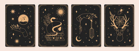Magic spiritual tarot cards with mystic occult symbols. Vintage engraved boho esoteric tarot card with crystals, stars, moon vector set. Skull with snake and books, hand holding gemのイラスト素材