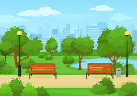 Cartoon public city park with green trees, benches and lake. Summer outdoor scenery urban park nature landscape vector illustration. Lawn or meadow with little pond and green plantsのイラスト素材