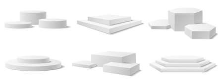 Realistic 3d podium, winner pedestal, circle display stage. White empty museum exhibition pillars, square product showroom displays vector set. Award ceremony for winners in competitionのイラスト素材