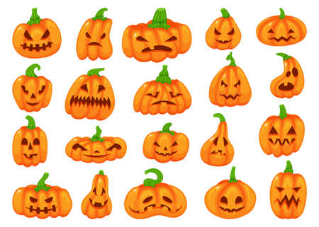 Cartoon halloween pumpkins with scary faces, fall decor elements. Cute orange pumpkin lantern with spooky face, autumn decoration vector set. Traditional celebration with horror expressionsのイラスト素材