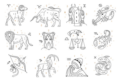 Horoscope zodiac signs, astrology constellations symbols. Lion, pisces, capricorn, libra, cancer, sagittarius astrological sign vector set. Hand drawn sky symbols isolated on whiteのイラスト素材
