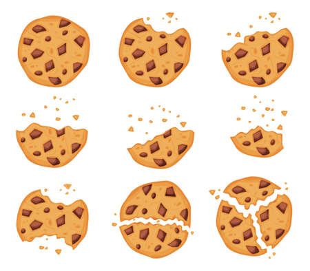 Crumbled oatmeal cookies with chocolate chips, bitten biscuit. Cartoon broken cookie pieces, sweet crisp biscuits with crumbs vector set. Choco homemade cracker snacks or treat for dessertのイラスト素材