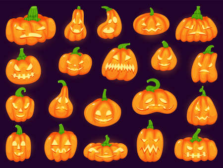 Cartoon funny halloween pumpkins with scary glowing faces. Cute orange pumpkin, traditional decoration lantern fall season holiday vector set. Seasonal illuminated decor for celebrationのイラスト素材