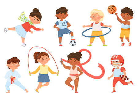Cartoon children exercising, kids doing sports and gymnastics. Boys and girls playing ball, ice skating, skipping rope, doing karate vector set. Active and healthy lifestyle activitiesのイラスト素材