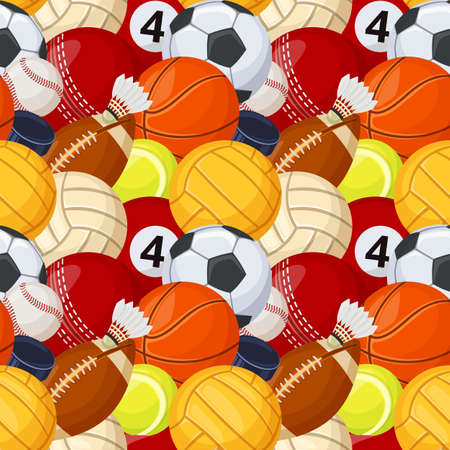 Sport balls seamless pattern, various sports games equipment. Baseball, football, soccer, tennis, hockey cartoon sport elements vector texture. Recreation and leisure time tools textileのイラスト素材