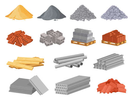 Cartoon construction building materials, sand and gravel pile. Brick stacks, metal pipes, cement. Building supplies for renovation vector set. Wooden planks and stones for repair worksのイラスト素材