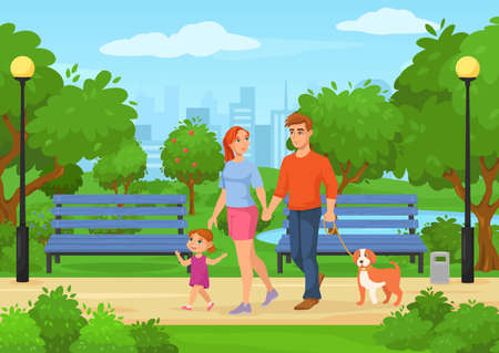 Cartoon happy family with kids walking in city park. Father, mother and daughter spending time outdoor in summer park vector illustration. Cheerful parents and child with dog outsideのイラスト素材
